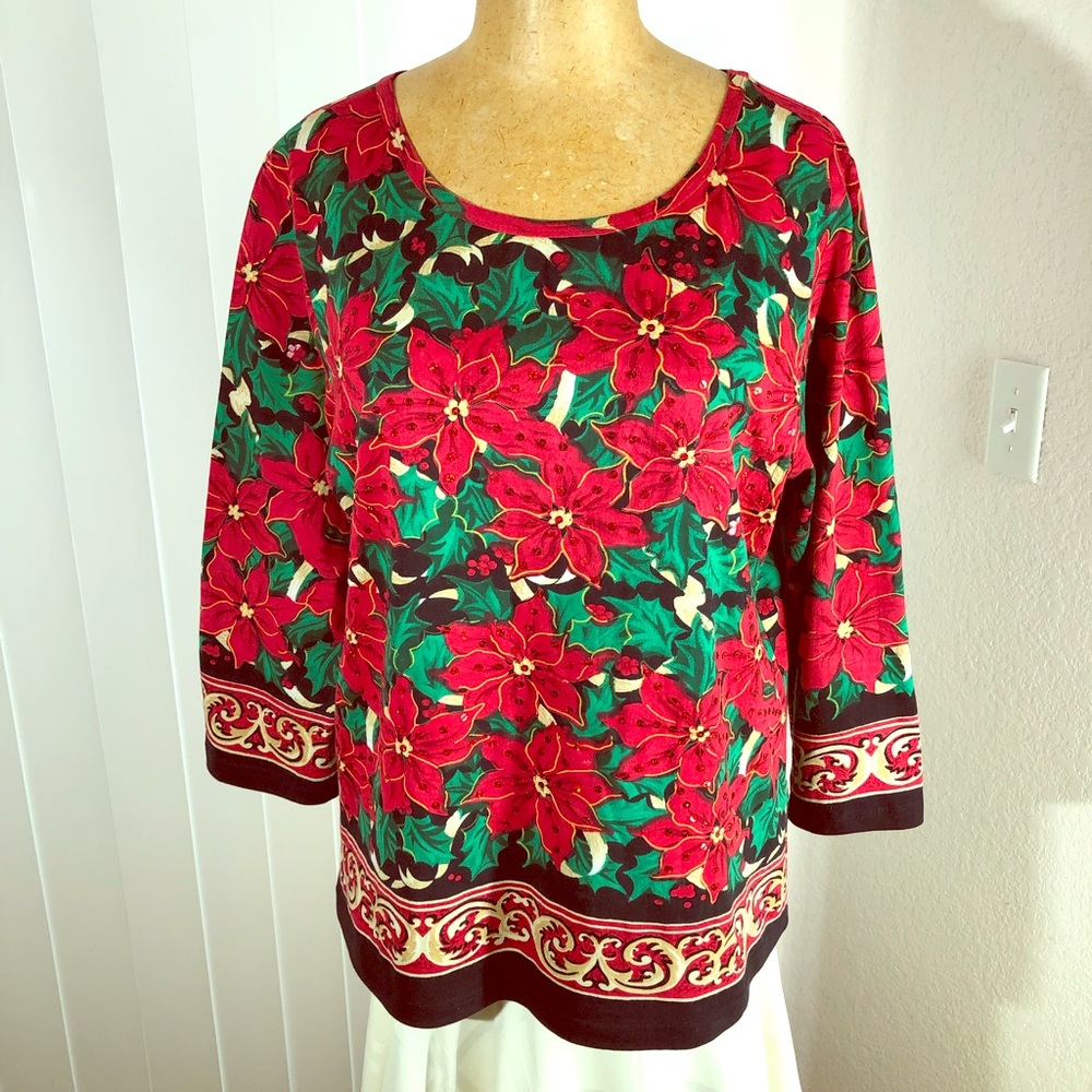 NWOT Christmas sweater blouse top red beaded L